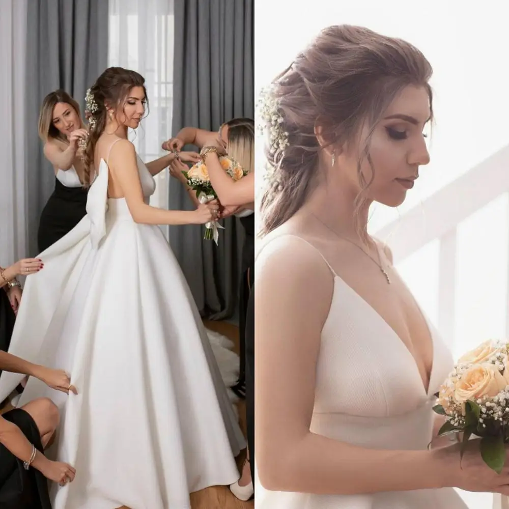 

A Line Cheap Wedding Dress 2019 Spaghetti Straps Satin Floor Length robe de mariee with Big Bow Sash Custom Made Bridal Gowns