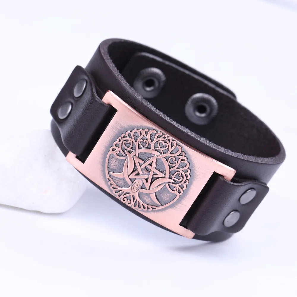 Fishhook Дерево жизни Тройная Луна богиня Пентакль Pulseira masculina языческий амулет кожаные браслеты Регулируемые мужские ювелирные изделия