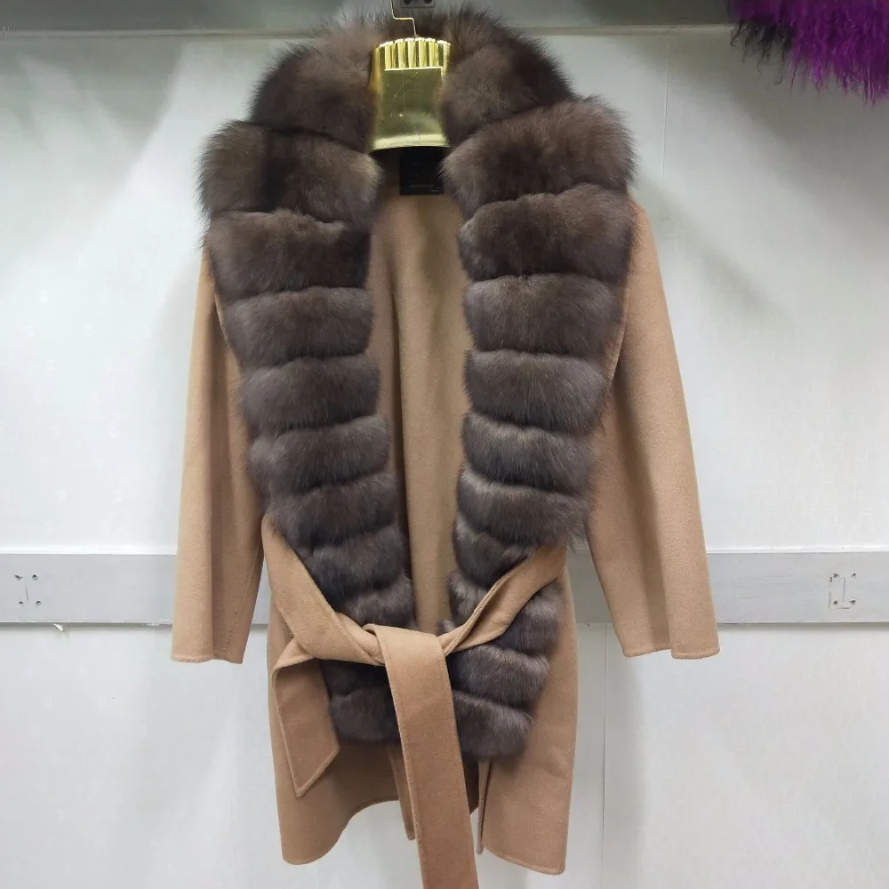 

double-faced wool blend natural fox fur jacket with belt leather ladies jacket new women's fox fur jacket