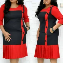 Женское платье, африканская мода, красный, черный цвет, пэчворк, на пуговицах, плиссированное, размера плюс, XXXL, Дамская скромная офисная Элегантная Женская рабочая одежда