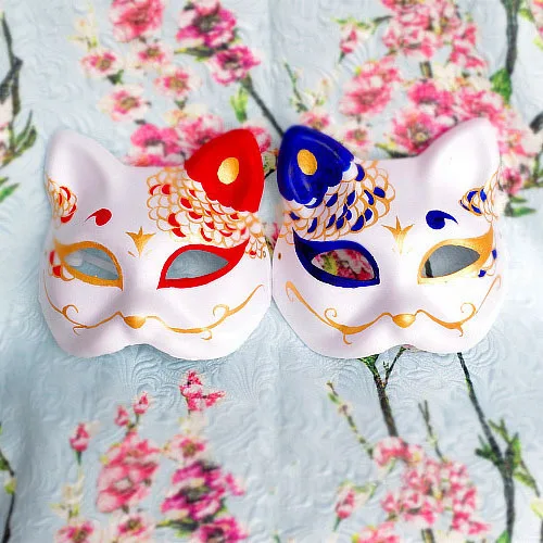

1 Pcs Half Face Hand-Painted Japanese Fox Mask Kitsune Cosplay Masquerade For Party Halloween Red Blue Color
