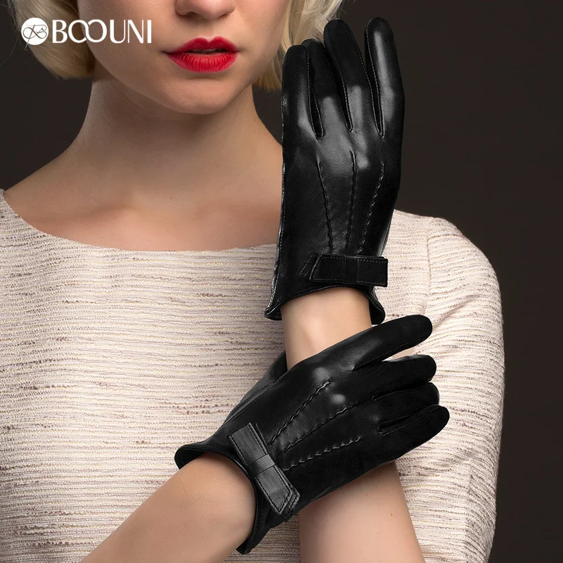 Genuine Leather Gloves Women Fashion Black Short Real Sheepskin Winter Thermal Thicken Bowknot Driving Glove NW113