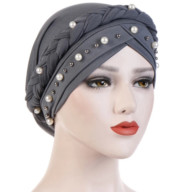 

HT2320 New Women Muslim Indian Turban Cap Hat Solid Beads Braid Head Wrap Head Scarf Women Bandana Ladies Skullies Beanies