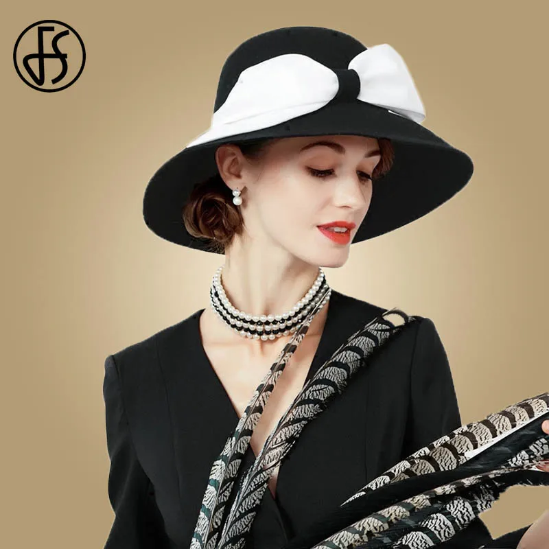 

FS Vintage Ladies Wide Large Brim Fedora Hat For Women Black Wool Felt Church Hats Sombreros De Mujer Bow Decoration Winter Cap