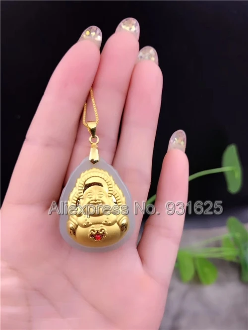 

Natural 100% Full Solid Gold Inlaid White HeTian Yu Carved Amulet Buddha Lucky Pendant + Necklace + Certificate Fashion Jewelry