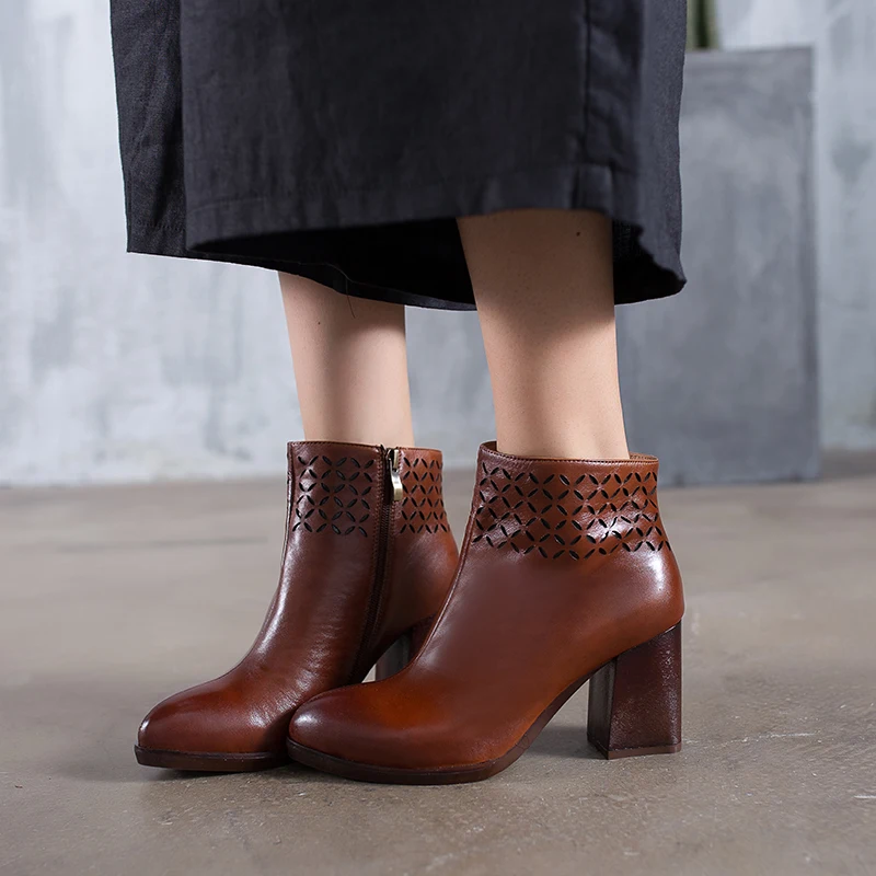 

2018 Original Design Genuine Leather Women Ankle Boots Genuine Leather Handmade Vintage Block High Heels Ladies Boots