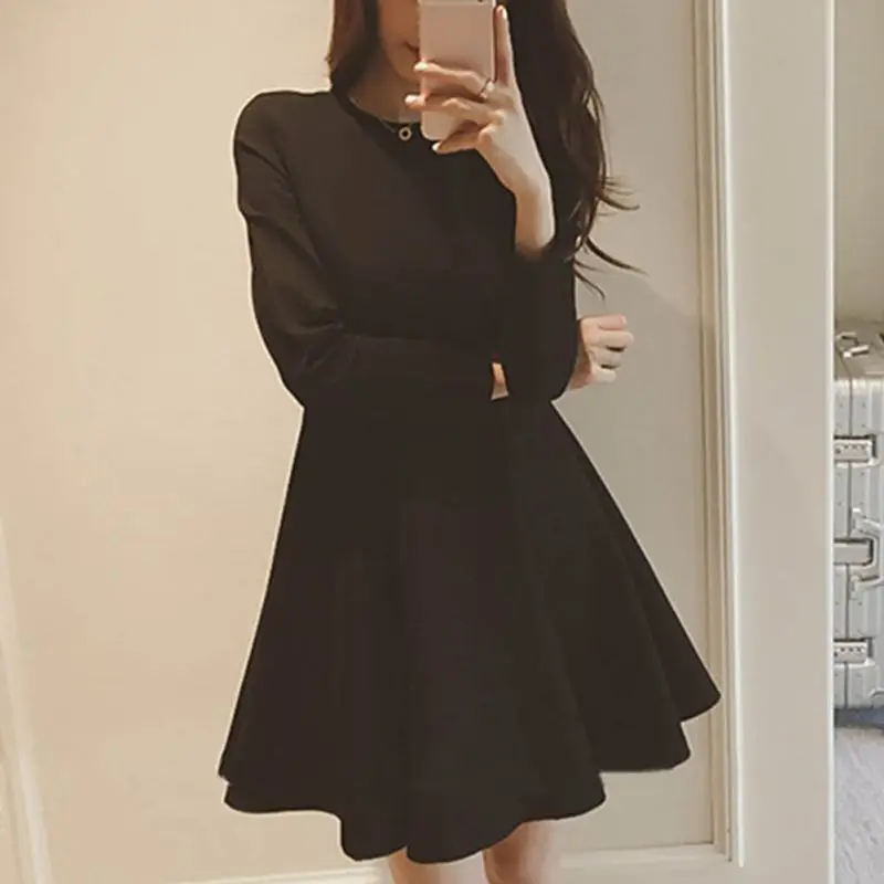 

Women O Neck Long Sleeve Slim Loose Stretch Dress Solid Color Casual Mini Dress
