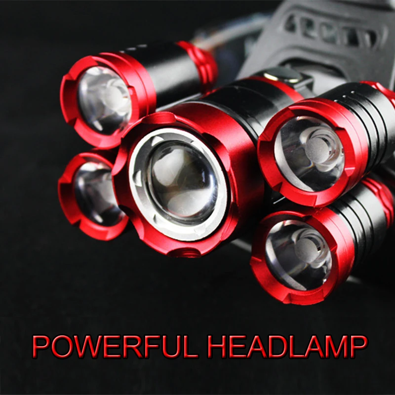 

5 LED Headlamp T6+XPE 50000 Lumen Fishing Head Lamp USB Charging Flashlight Head Torch Outdoor Zoom Headlight Use 18650 Battery