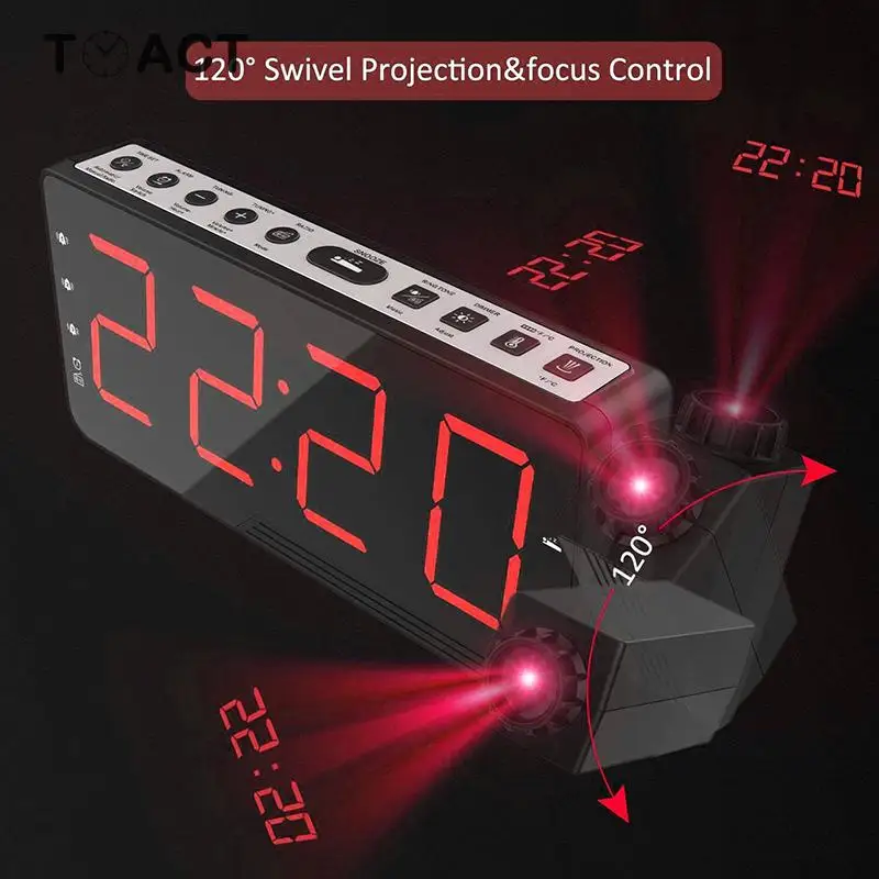 

Digital Projection Alarm Clock FM Radio Snooze Timer Table Wall Clocks Temperature LED Display USB Charge Cable