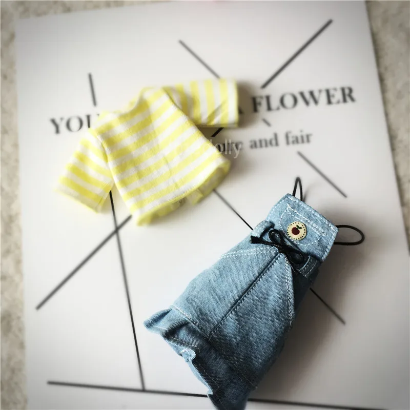 

1 Set Denim Suspender Skirt + T-shirts + Baseball Cap Clothes for 1/8 1/6 BJD, Blyth, Azone, Licca Doll Clothing Accessories