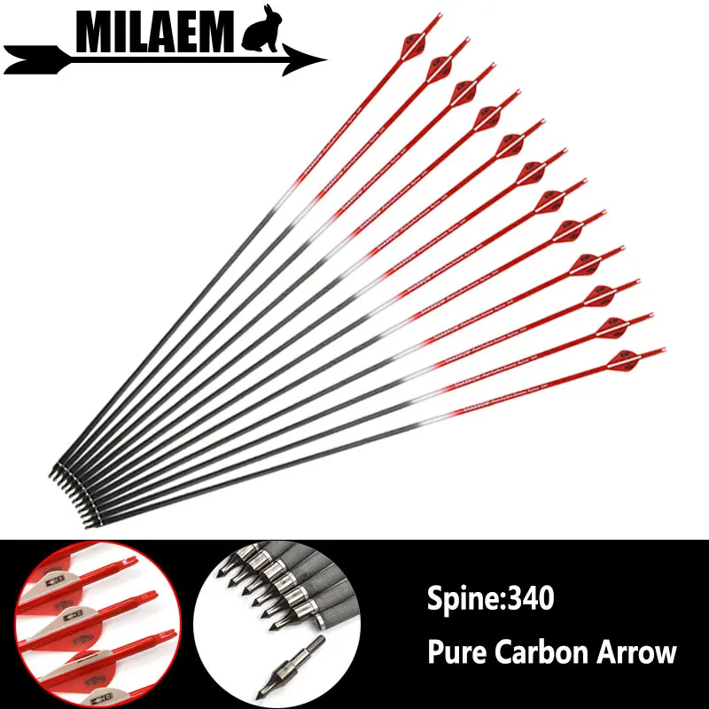 

6/12pcs Archery Pure Carbon Arrow Spine 340 Carbon Fiber Arrow Replaceable Broadhead Tips Outdoor Training Shooting Accessories