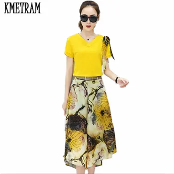 

KMETRAM New Fashion 2019 Designer two piece set top and pants Women's Short Sleeve V-Collar Floral Long Skirt Set HH100