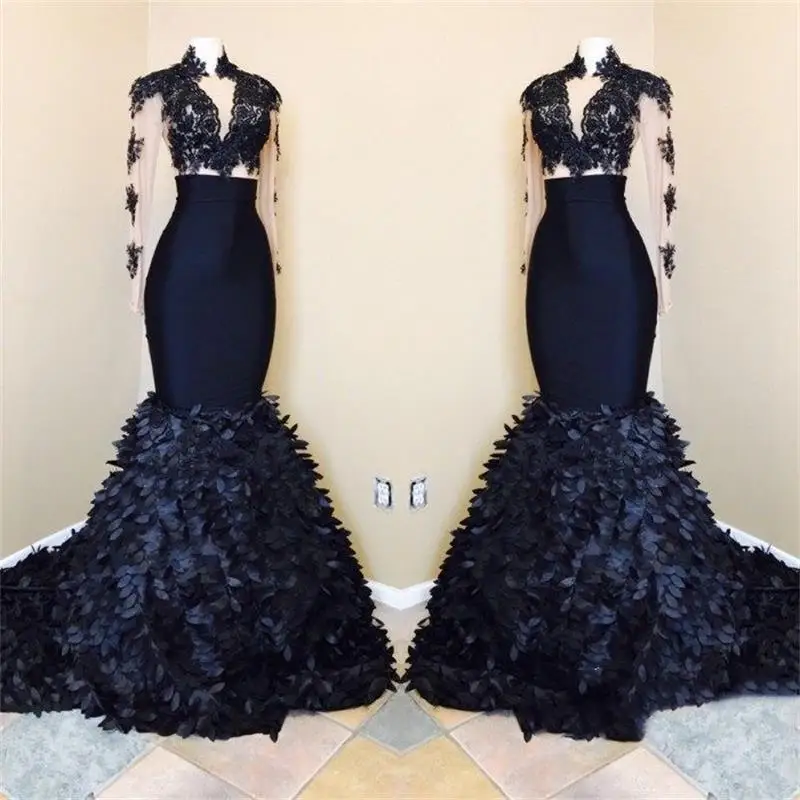 black long sleeve two piece prom dress