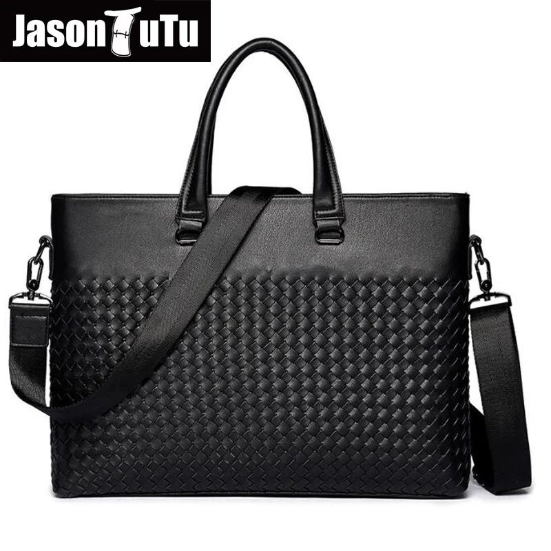 

JASON TUTU Brand Design Knitting Handbags Leather Bag Men Messenger Bags Lawyer man Laptop briefcase Tote bag shoulder bags B391