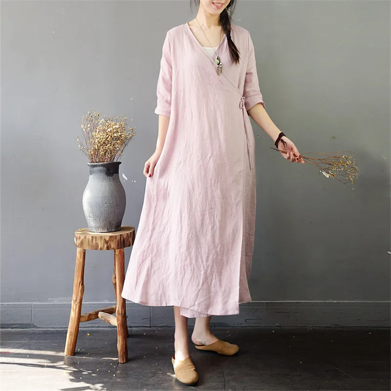 

SCUWLINEN 2019 Spring Summer Women Long Dresses Vintage Solid V-neck Zen Lacing Loose Linen Dress Elegant Casual Trench S851