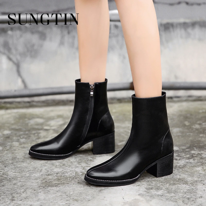 

Sungtin Autumn Genuine Leather Riding Boots Winter New Warm Short Boots Black High Heel Women Ankle Boots Ladies Casual Booties