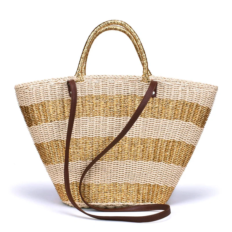 Woven Bag Manual Straw Knit beach totes bag bucket summer gold silver