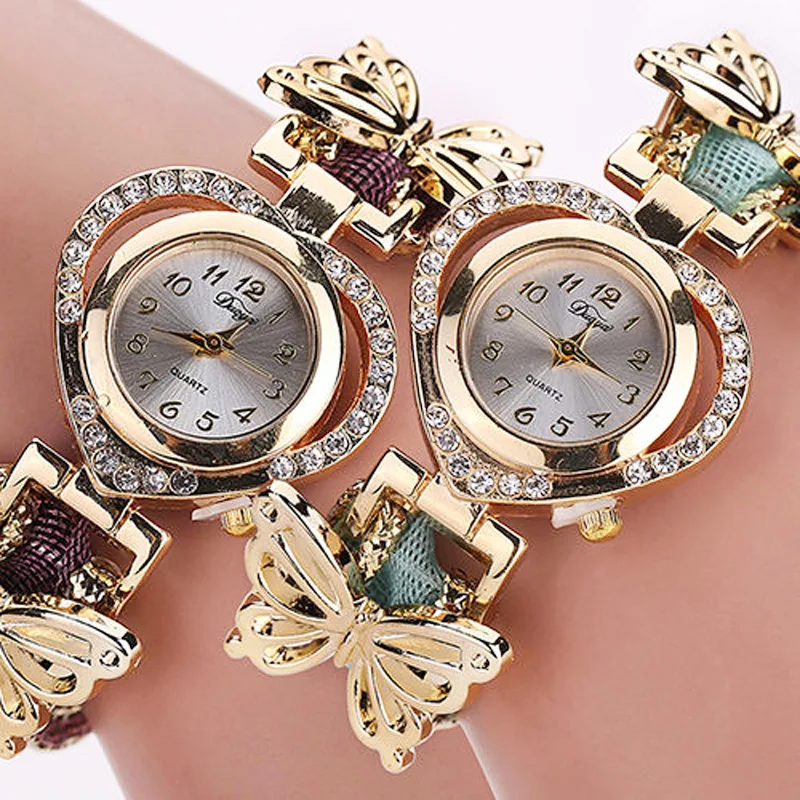Summer Style Gold Watch Luxury Brand Crystal Heart Watch Women Butterfly Braided Rope Wristwatch Ladies Bracelet Watch Clock