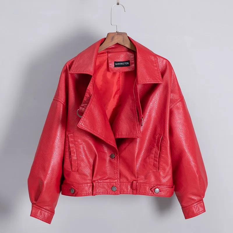 Новинка, Женская куртка из искусственной кожи с отложным воротником, повседневные Куртки из искусственной кожи, женские короткие свободные байкерские пальто, верхняя одежда - Цвет: Красный