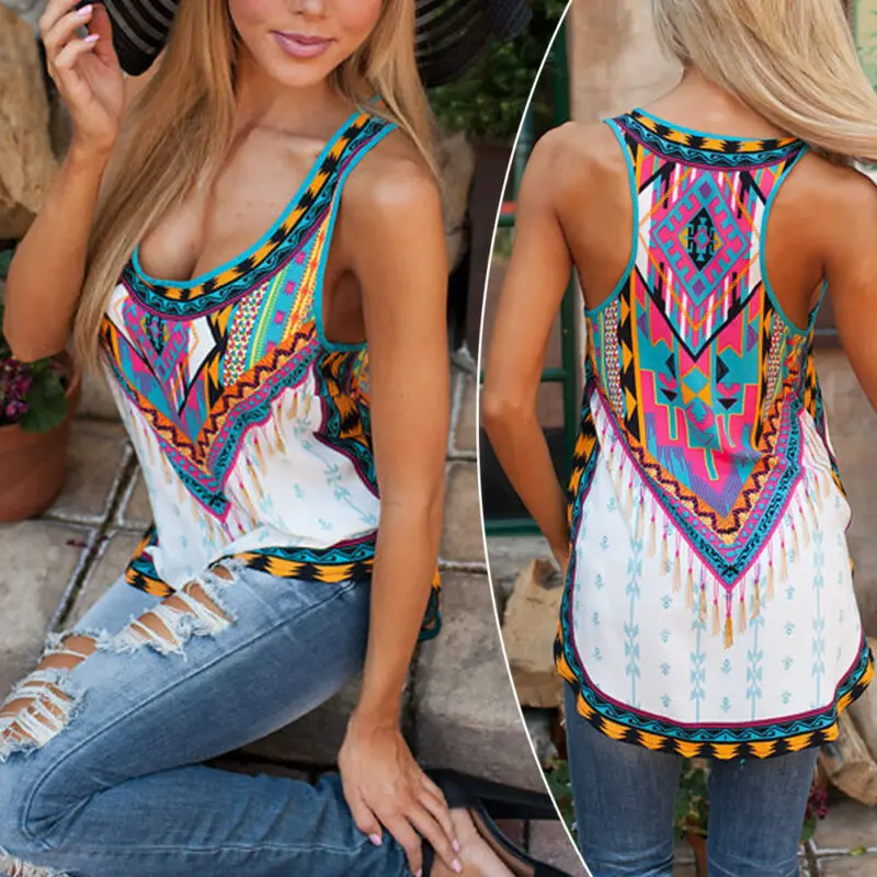 

Boho Women's Floral Summer Vest Sleeveless Beach Shirt Blouse Tank Tops T-Shirt