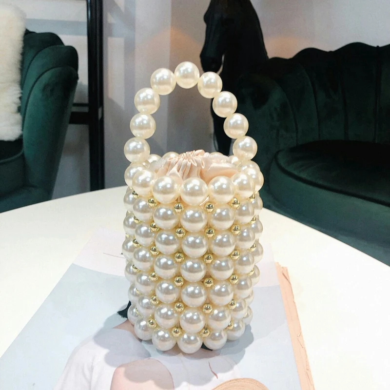 

ABSF Ins Pearls Beading Bag for Women Fashion Handmade Pearls Handbags Vintage Evening Party Bag Ladies Luxury Hollow Tote