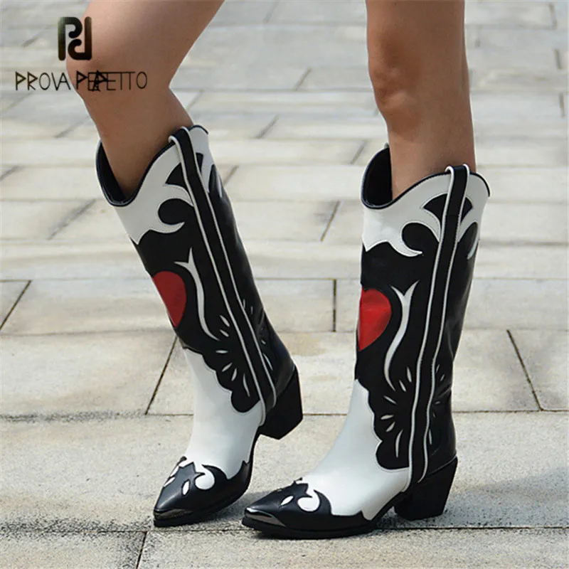 

Prova Perfetto Patchwork Women High Boots Pointed Toe Slip On Riding Boot Women Autumn Winter High Heel Rubber Shoes Woman