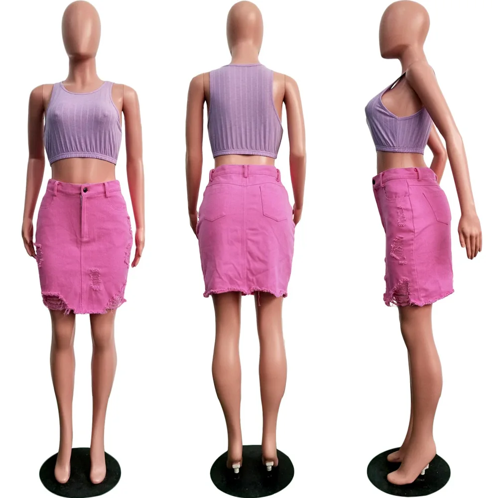 Новые летние модные женские рваные джинсовые юбки Street Wear карамельный цвет Высокая талия Destroy посылка пакет бедра мини юбка LS3533
