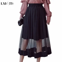 Новая весенне-летняя женская черная средняя удлиненная юбка Корейская эластичная юбка с высокой талией шорты Милая сетка тюль зонтик плиссированная юбка