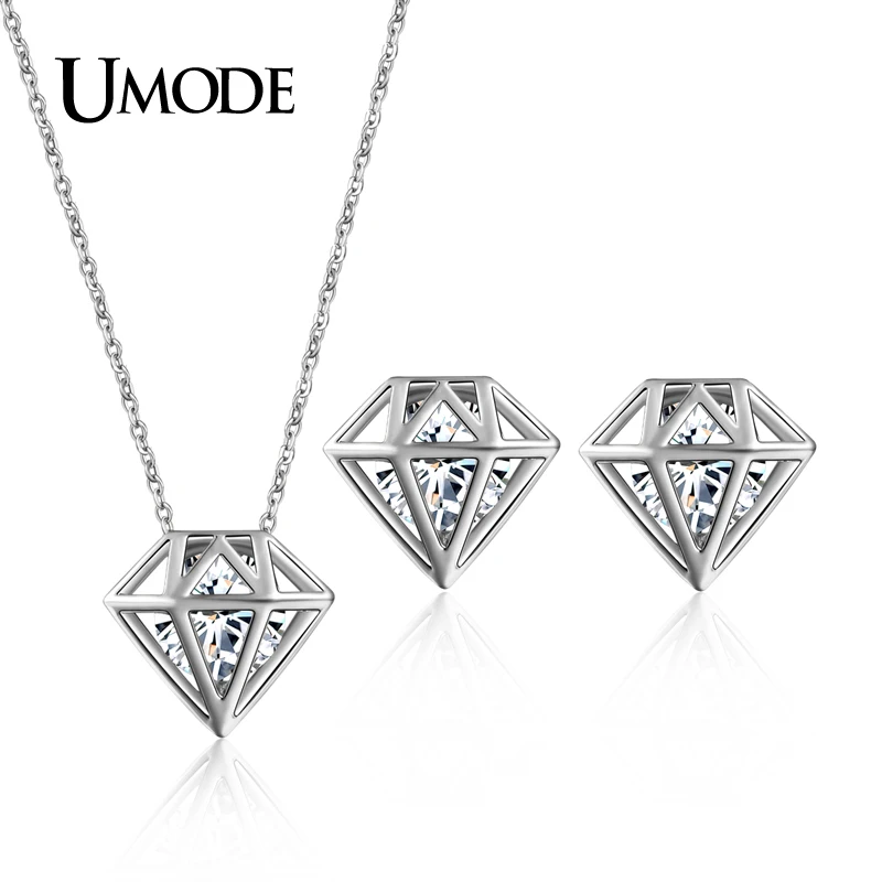 UMODE Brand Hot Crystal Drop Earrings And Pendent Necklace Jewelry Sets For Women White Gold Color Gifts AUS0033 | Украшения и