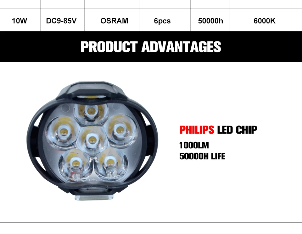 VooVoo LED 10W 1200LM Motorcycle Headlight Lamp 6 Led Moto Light Assembly Scooters Spot Light 6000k White DC 9-85V Super Bright_01 (4)