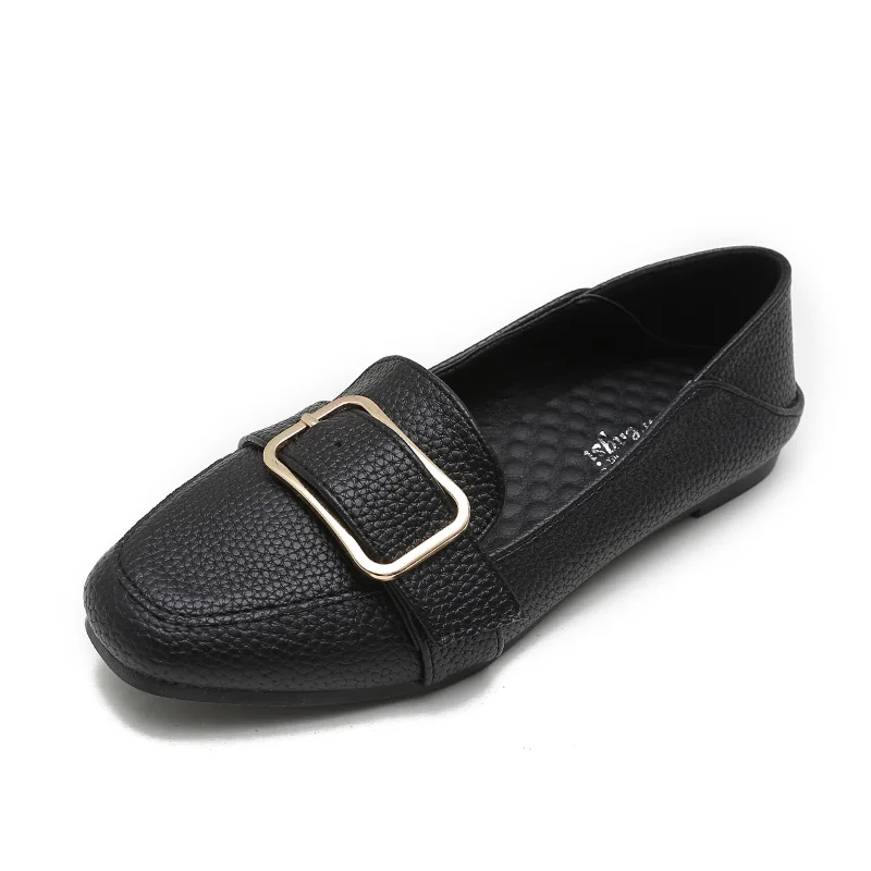 

2019 female metal buckle square head flat heel single shoes women flats wild soft bottom casual shoes TS222