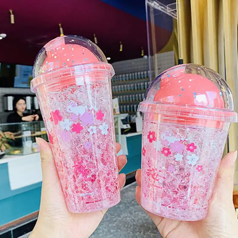 

Portable Refrigeration water bottle Cherry Blossom Sequins Rabbit Cold Water Bottle Portable Water Cup with Straw for Girls