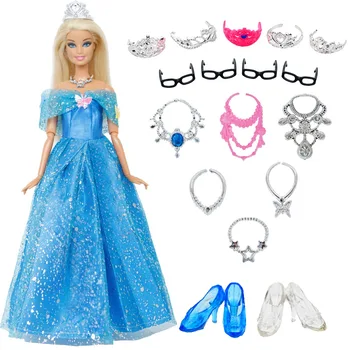 

18 Items = 1x Wedding Party Dress + 6x Necklaces + 5x Crowns + 2x Crystal Shoes + 4x Glasses Clothes For Barbie Doll Toy