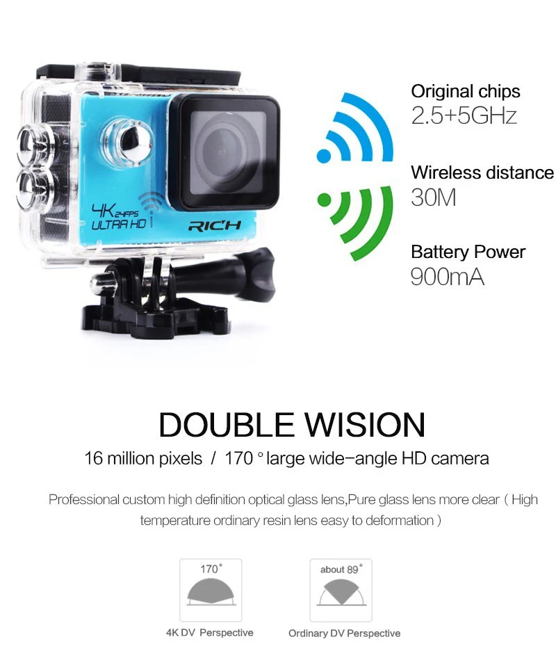DHL Sport Camera NT96660 4K 24fps ULTRA HD 16MP WiFi 30M Waterproof Action camera Aluminum Extendable Pole Stick+camera bag light action camera