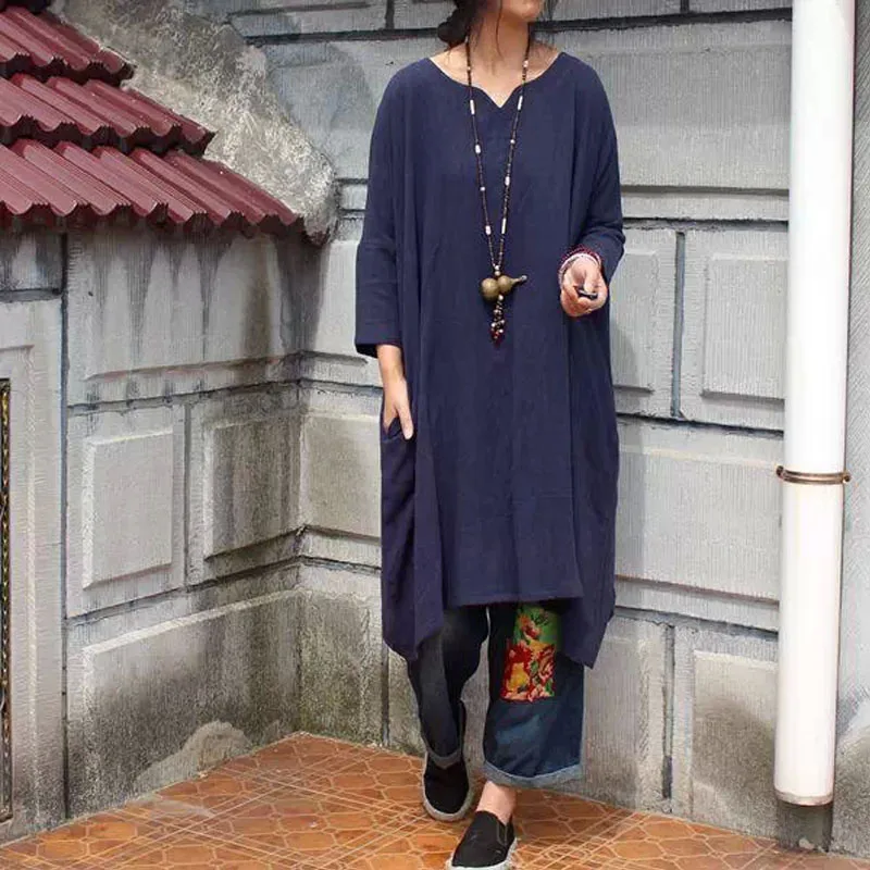 2016 Autumn &amp Winter Trend Women's National Fluid Plus Size Blouses Linen Tops Transuit For Women V-neck |