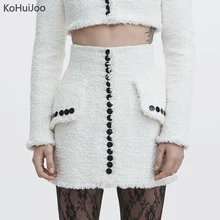 KoHuiJoo женская короткая твидовая юбка женская на элегантных кнопках Соблазнительные мини-юбки осень зима Высокая талия Женская юбка-карандаш уличная