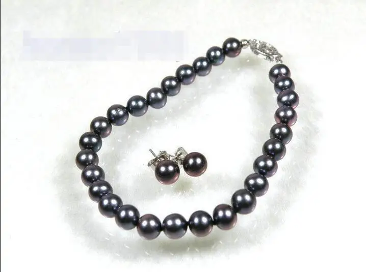 

Free Shipping >>>>> 6-6.5mm AAA+ round black blue akoya pearl bracelet earring 14k white gold 7.5