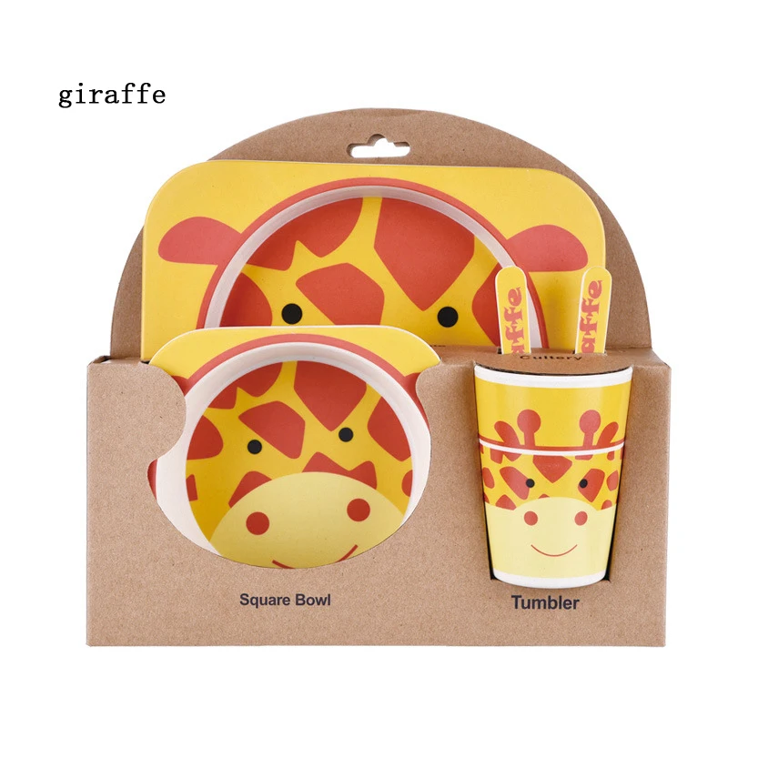 giraffe Перепелиные 5 шт. мультфильм животных/Фламинго/Лев тарелка раздельная тарелка чаша ложка Вилка пакет, бамбуковое волокно деление набор для ужина - Цвет: giraffe
