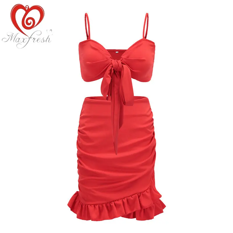 Maxfresh рюшами Холтер женщин платье vestidos сексуальная v nerk праздничное лето галстук