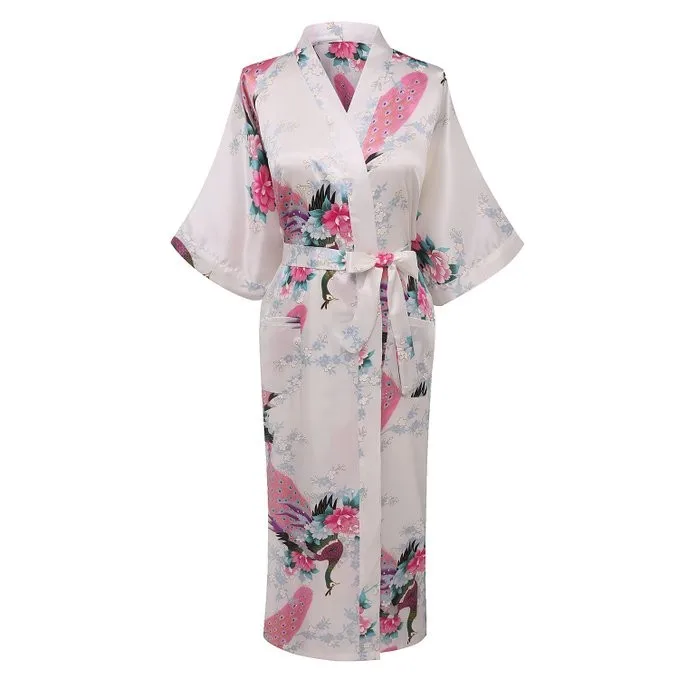 White Summer Women's Kimono Robe Bathrobe Sleepwear Rayon Bath Gown Nightgown Pyjamas Mujer Pijama Size S M L XL XXL XXXL 029