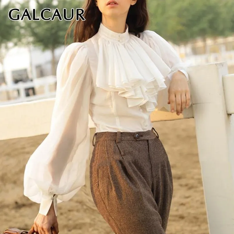 

GALCAUR Elegant Ruffles Chiffon Shirt For Women Stand Collar Lantern Sleeve Big Size White Blouse Female Fashion 2019 Summer New
