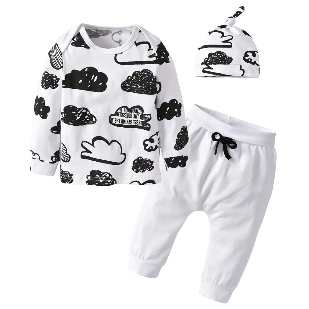 Autumn Baby Boy Clothes 3Pcs Newborn Long Sleeve Cloud Print T Shirt Comfy Pants with Hat Infant Girl Clothing Set | Детская одежда и