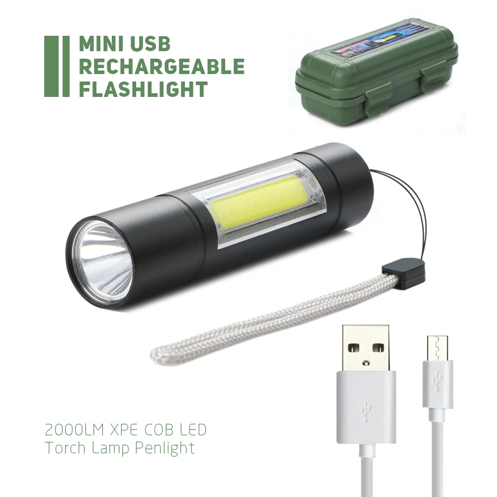 LED Flashlight Zoom Camping Hiking Torch USB Rechargeable Mini COB Work Lamp