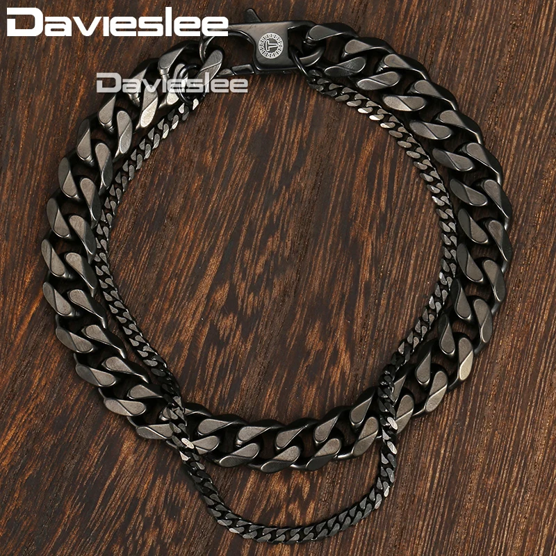 Davieslee двойной браслет-цепочка для мужчин кубинское звено черный тон нержавеющая сталь полированный мужской s браслет цепь 11 мм 8-10 дюймов DDB09