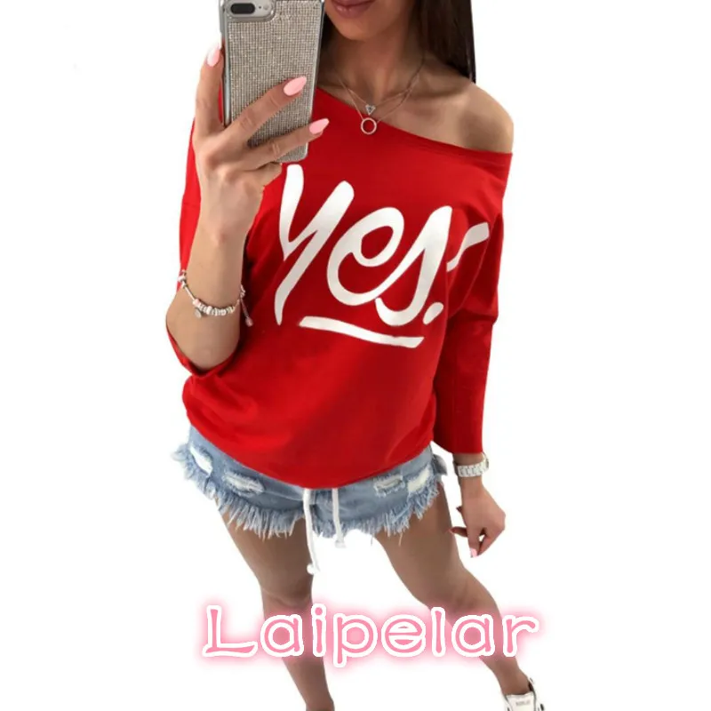 

2018 New Arrivals Red Gray Autumn Long Sleeves Tees Yes Letter Print Tops T Shirt for Women Off Shoulder Women Sexy Tops