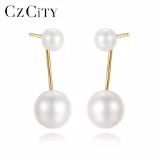 CZCITY 18K font b Gold b font Double Natural White Pearl Earrings 4 4 5mm 6