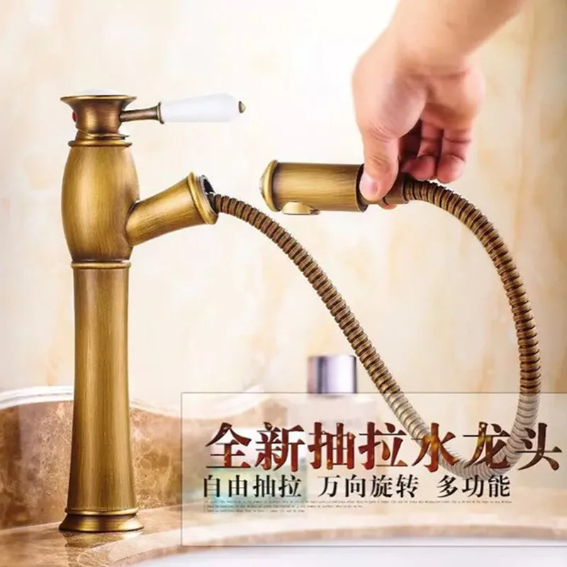 

Free shipping Luxury pull out antique bathroom basin faucet with single handle bronze basin faucet and hot cold water mixer tap