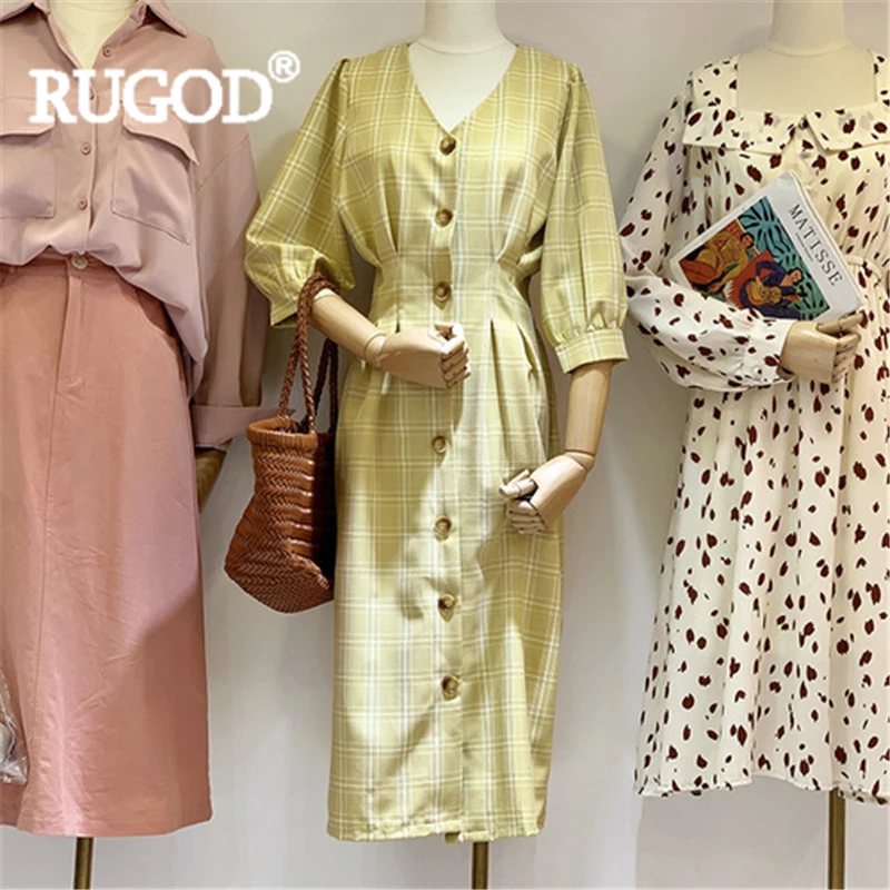 

RUGOD Women long dress plaid v-neck puff sleeve straight dress button single breasted high waist elegant fashion female dress