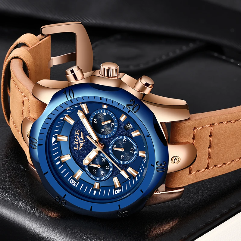 2019 LIGE Mens Watches Brand Luxury Blue Quartz Watch Men Casual Leather Military Waterproof Sport