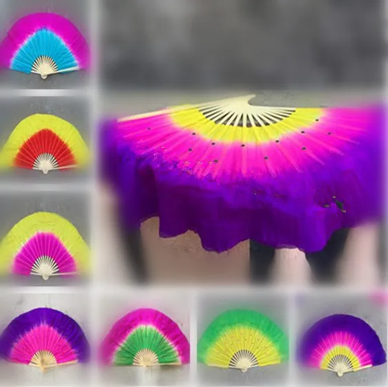 

100% Silk Chinese Folk Dance Bamboo Fan Veils Square Belly Dancer Practice Stage Performance Show Props Rainbow Free Shipping